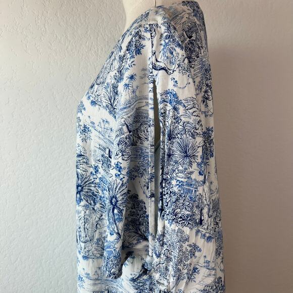 H&M Size 6 Linen Blend Mini Shift Dress Jungle Tigers Blue White Tie Sleeves - Picture 4 of 11